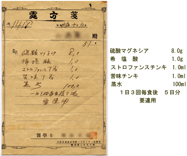 明治39年（1906年）の道修町のたぶん開業医の処方せん